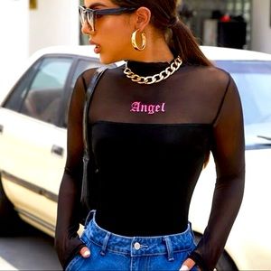 Letter Graphic Mesh Yoke Fitted Top